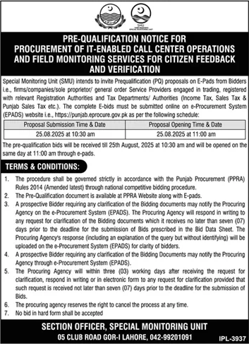 Special Monitoring Unit Lahore Tender Notice